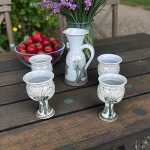 Vintage Ceramic Goblet Cups & Pitcher – Handcrafted Floral Stoneware Set